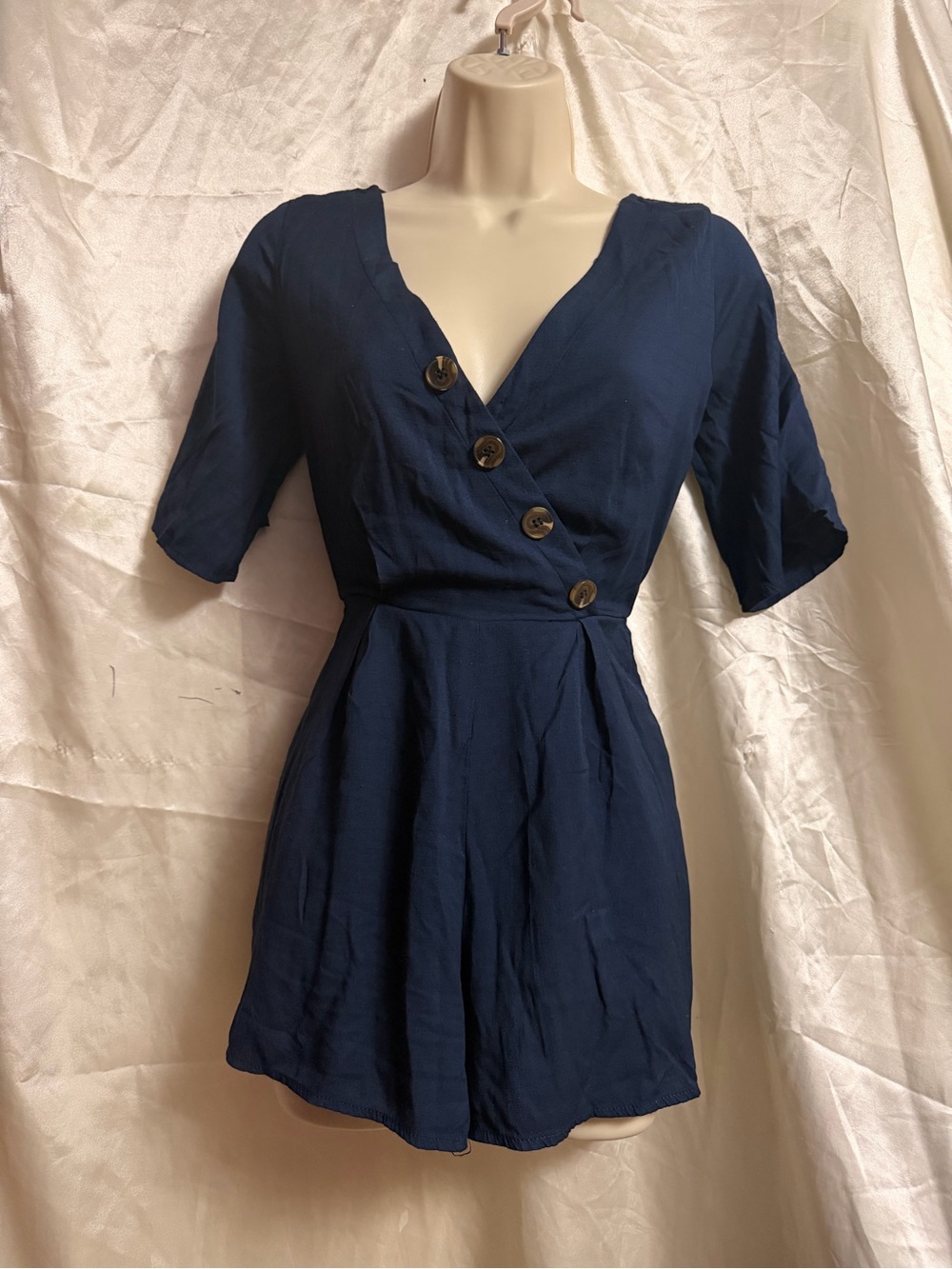 Navy Wrap-Style Romper with Button Detail